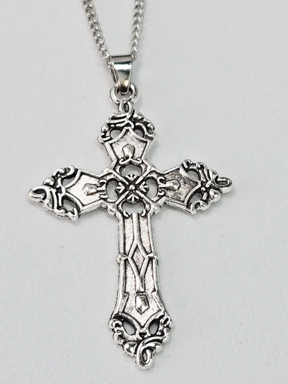 Silver Gothic Filigree Cross Necklace Stainless Steel Pendant Y2K Punk Men's 24